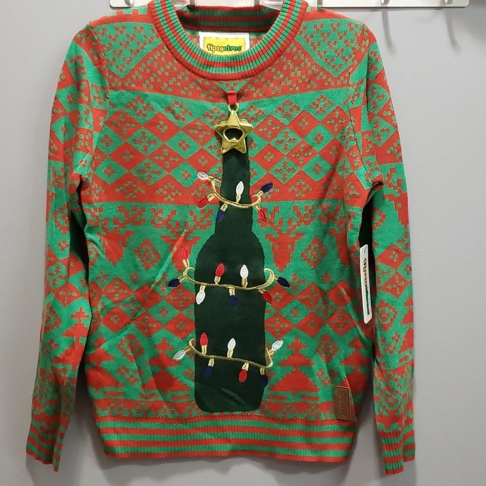Tipseyelves NWT Men's Beer Bottle Opener Red and Green Holiday Sweater